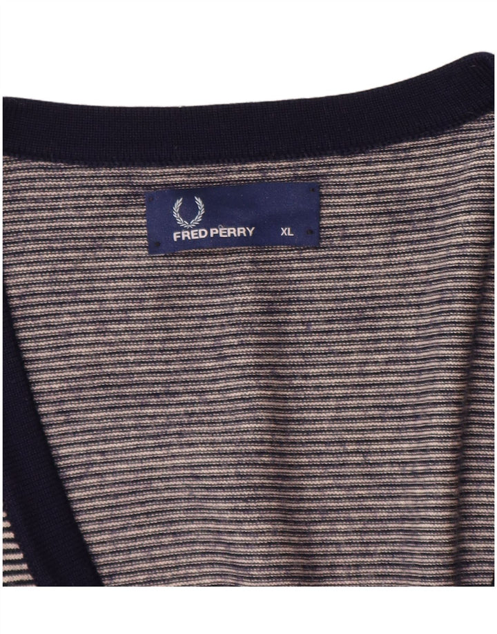 FRED PERRY Mens Cardigan Sweater XL Navy Blue Pinstripe Merino Wool