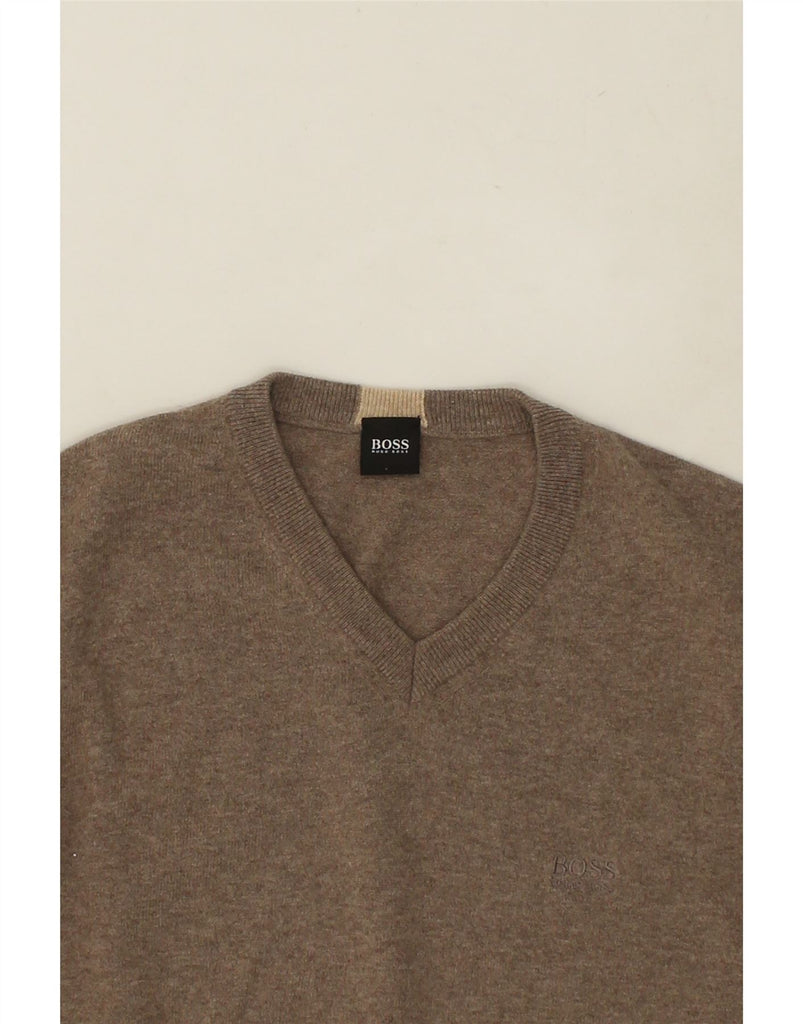 HUGO BOSS Mens V-Neck Jumper Sweater Large Grey Wool | Vintage Hugo Boss | Thrift | Second-Hand Hugo Boss | Used Clothing | Messina Hembry 