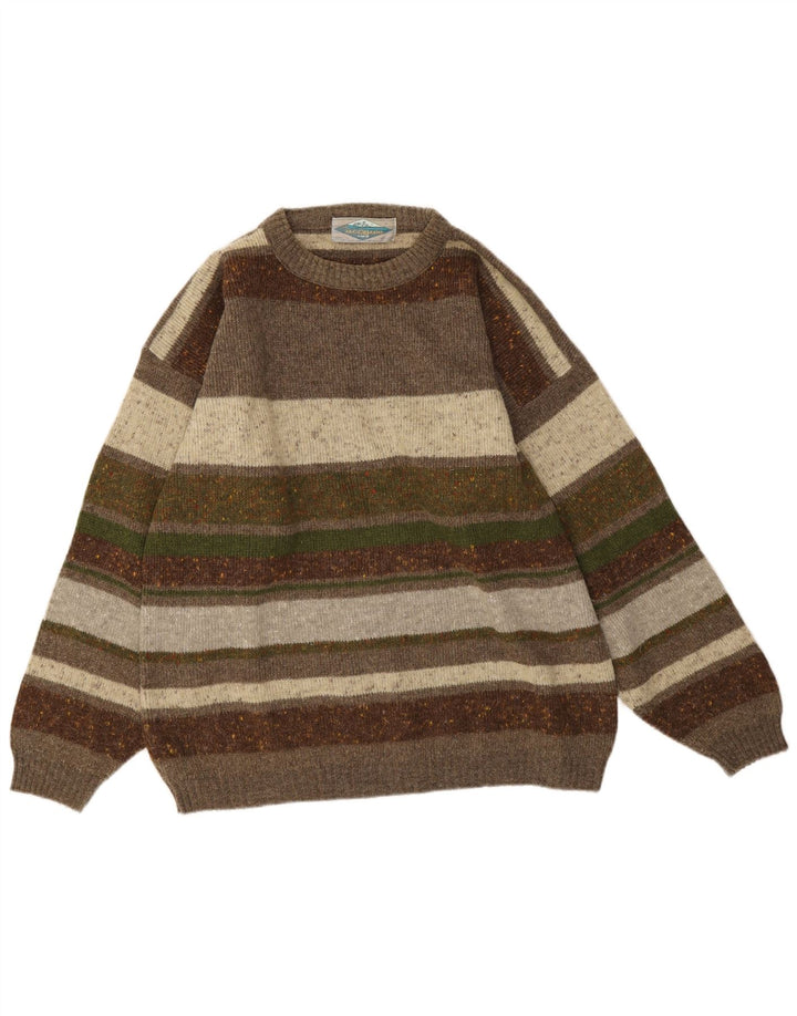 Vintage Mens Crew Neck Jumper Sweater Medium Khaki Striped Wool