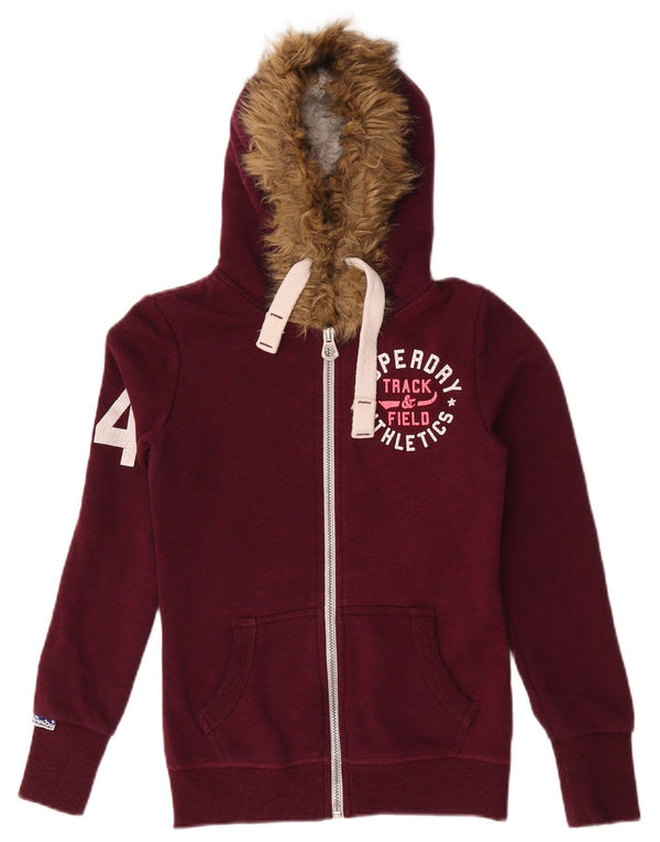 Superdry Womens Graphic Zip Hoodie Sweater UK 6 XS Burgundy Cotton