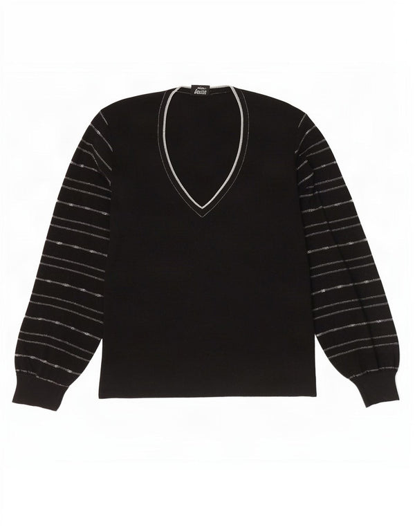 Lucia Womens V-Neck Jumper Sweater UK 10 Small Black Striped Wool