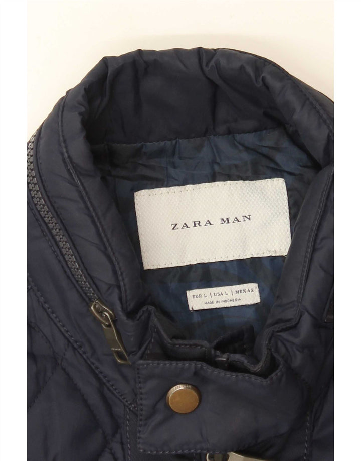 Zara Mens Hooded Quilted Jacket UK 40 Large Navy Blue