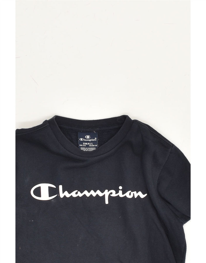 CHAMPION Girls Graphic Sweatshirt Jumper 7-8 Years Small  Navy Blue Cotton | Vintage Champion | Thrift | Second-Hand Champion | Used Clothing | Messina Hembry 