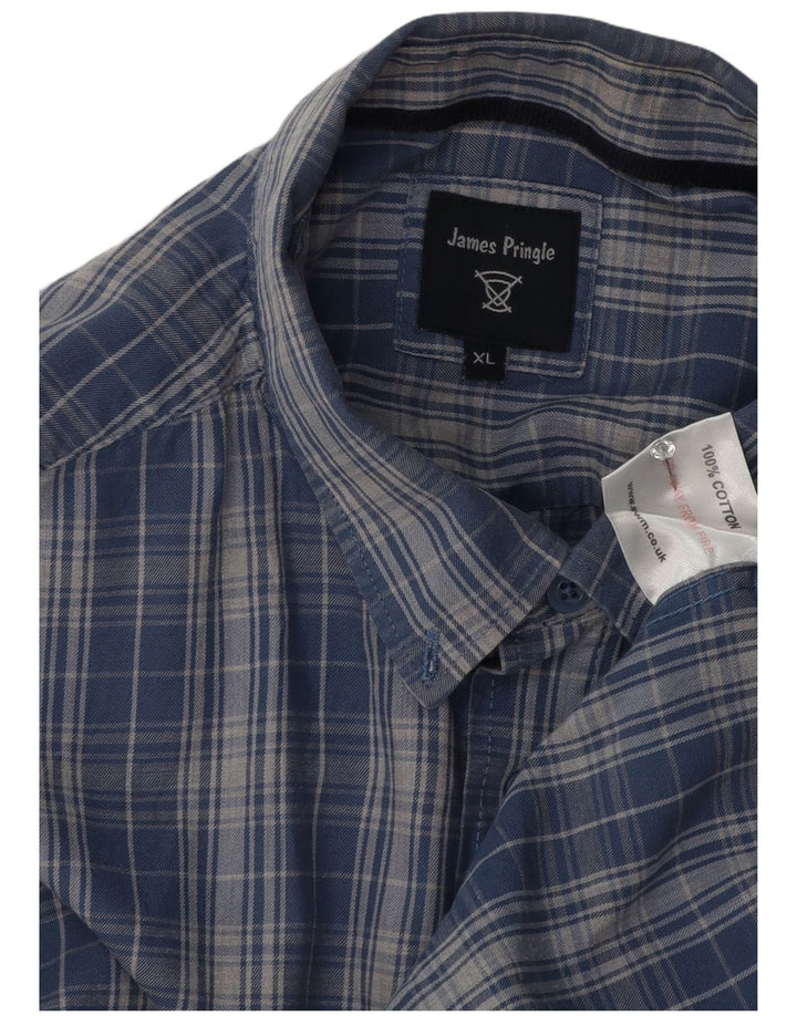 James Pringle Mens Flannel Shirt XL Blue Check Cotton