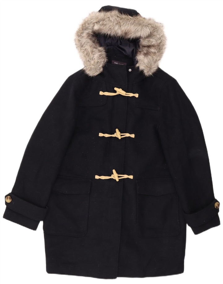 Marks & Spencer Womens Hooded Duffle Coat UK 16 Large Navy Blue Polyester