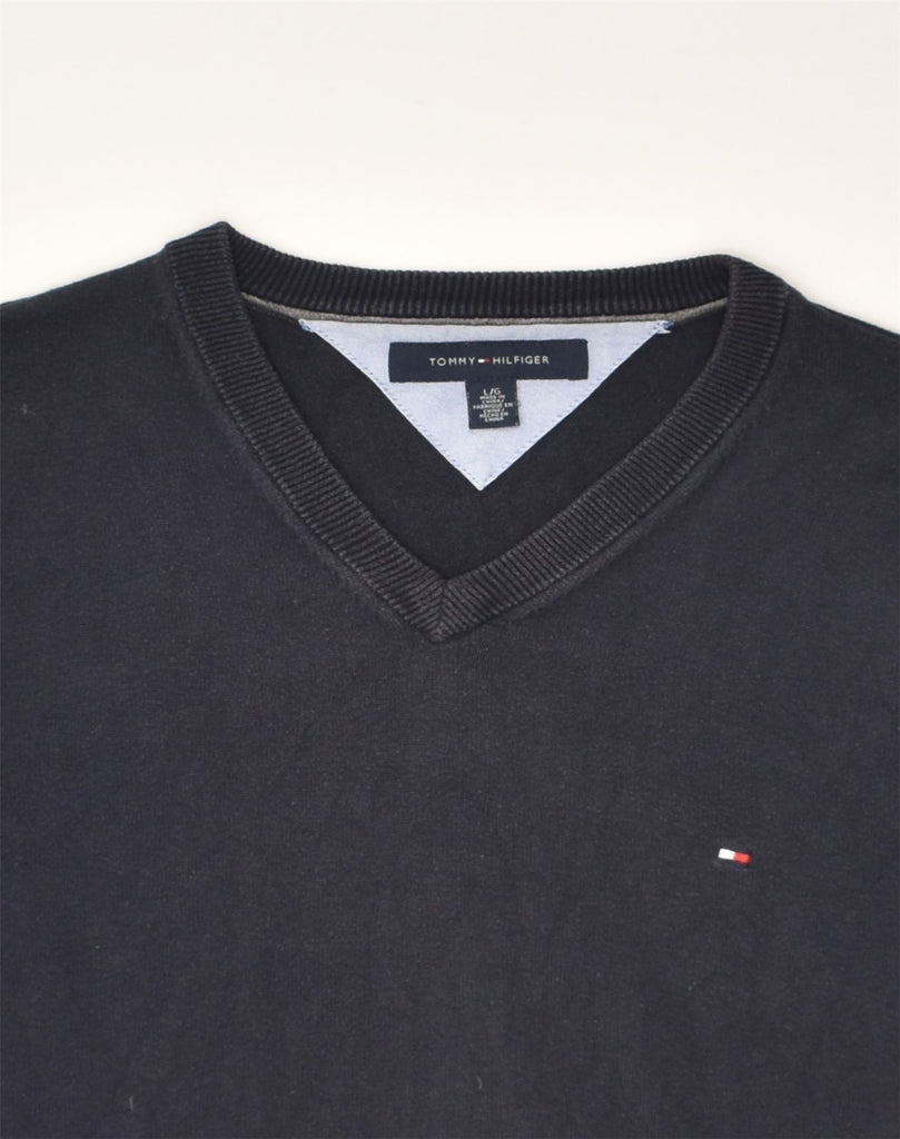 TOMMY HILFIGER Mens V-Neck Jumper Sweater Large Navy Blue Cotton | Vintage Tommy Hilfiger | Thrift | Second-Hand Tommy Hilfiger | Used Clothing | Messina Hembry 