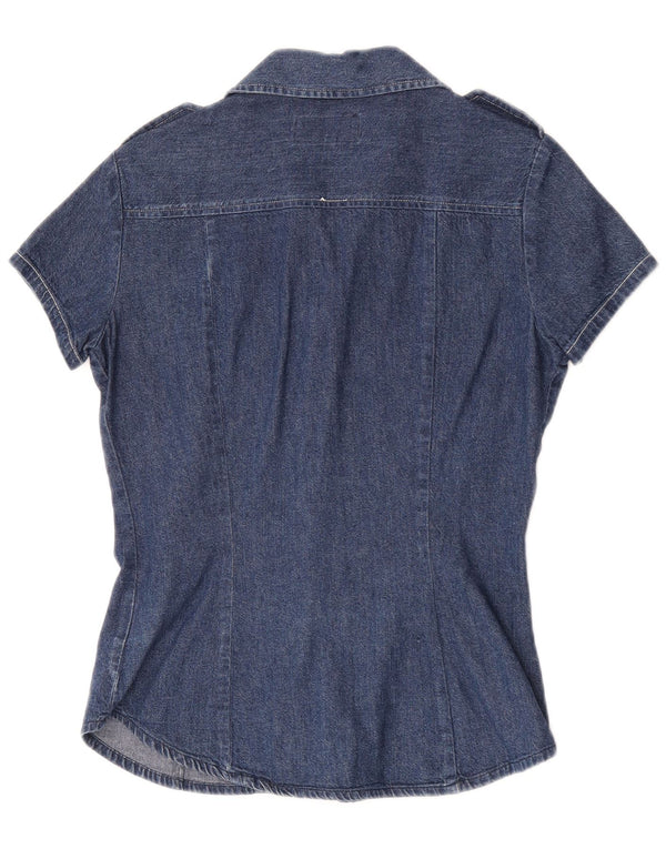 Replay Womens Short Sleeve Military Denim Shirt UK 10 Small Blue Cotton
