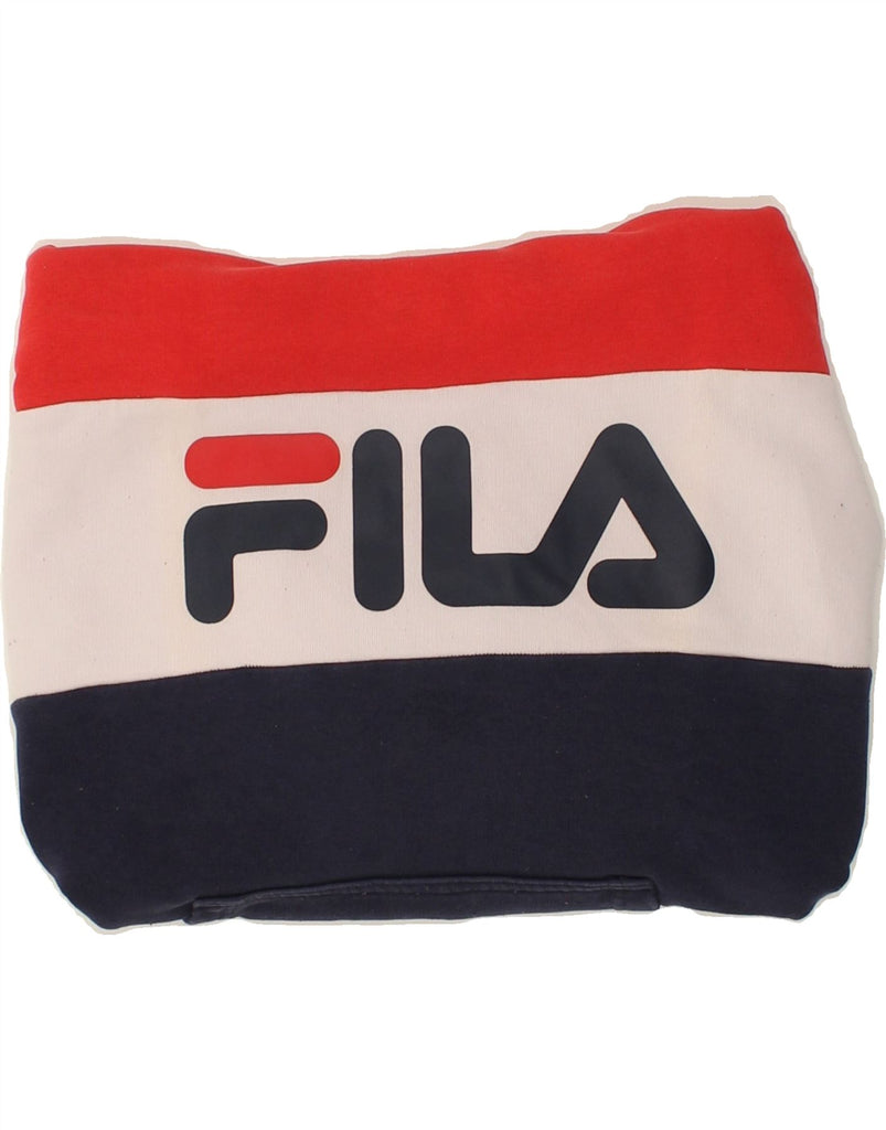 FILA Womens Graphic Hoodie Jumper UK 14 Medium Red Colourblock Cotton | Vintage Fila | Thrift | Second-Hand Fila | Used Clothing | Messina Hembry 