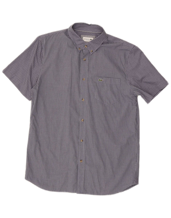 Lacoste Mens Short Sleeve Shirt Size 40 Medium Navy Blue Check Cotton