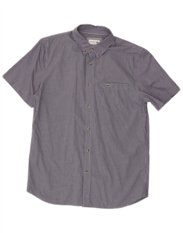 Lacoste Mens Short Sleeve Shirt Size 40 Medium Navy Blue Check Cotton