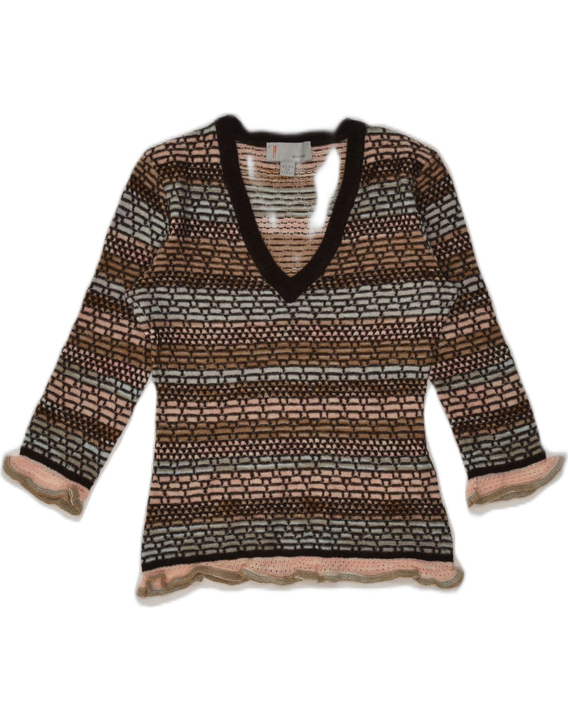 MISSONI Womens 3/4 Sleeve V-Neck Jumper Sweater IT 44 Medium Brown | Vintage Missoni | Thrift | Second-Hand Missoni | Used Clothing | Messina Hembry 