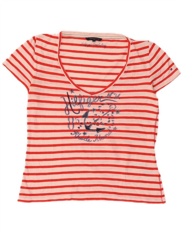 TOMMY HILFIGER Womens Crop Graphic T-Shirt Top UK 14 Large Red Striped