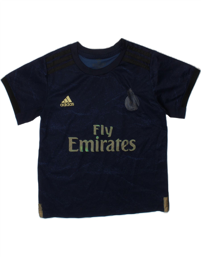 ADIDAS Boys Real Madrid Graphic T-Shirt Top 8-9 Years Navy Blue Polyester Vintage Adidas and Second-Hand Adidas from Messina Hembry 
