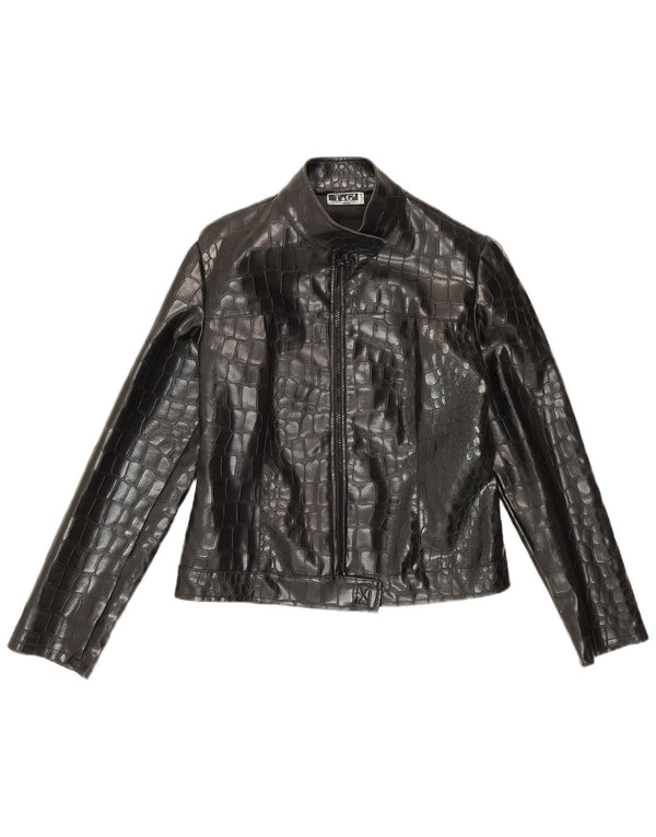 Vintage Womens Faux Leather Bomber Jacket UK 10 Small Black Animal Print