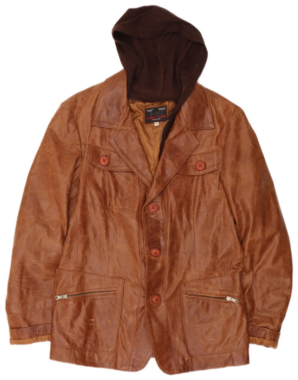 Mira Furs Mens Hooded Leather Jacket UK 40 Large Brown