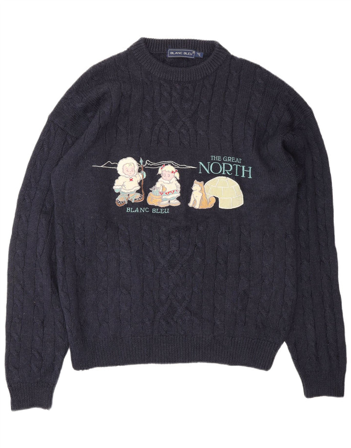 BLANC BLEU Mens Graphic Crew Neck Jumper Sweater Large Navy Blue Winter
