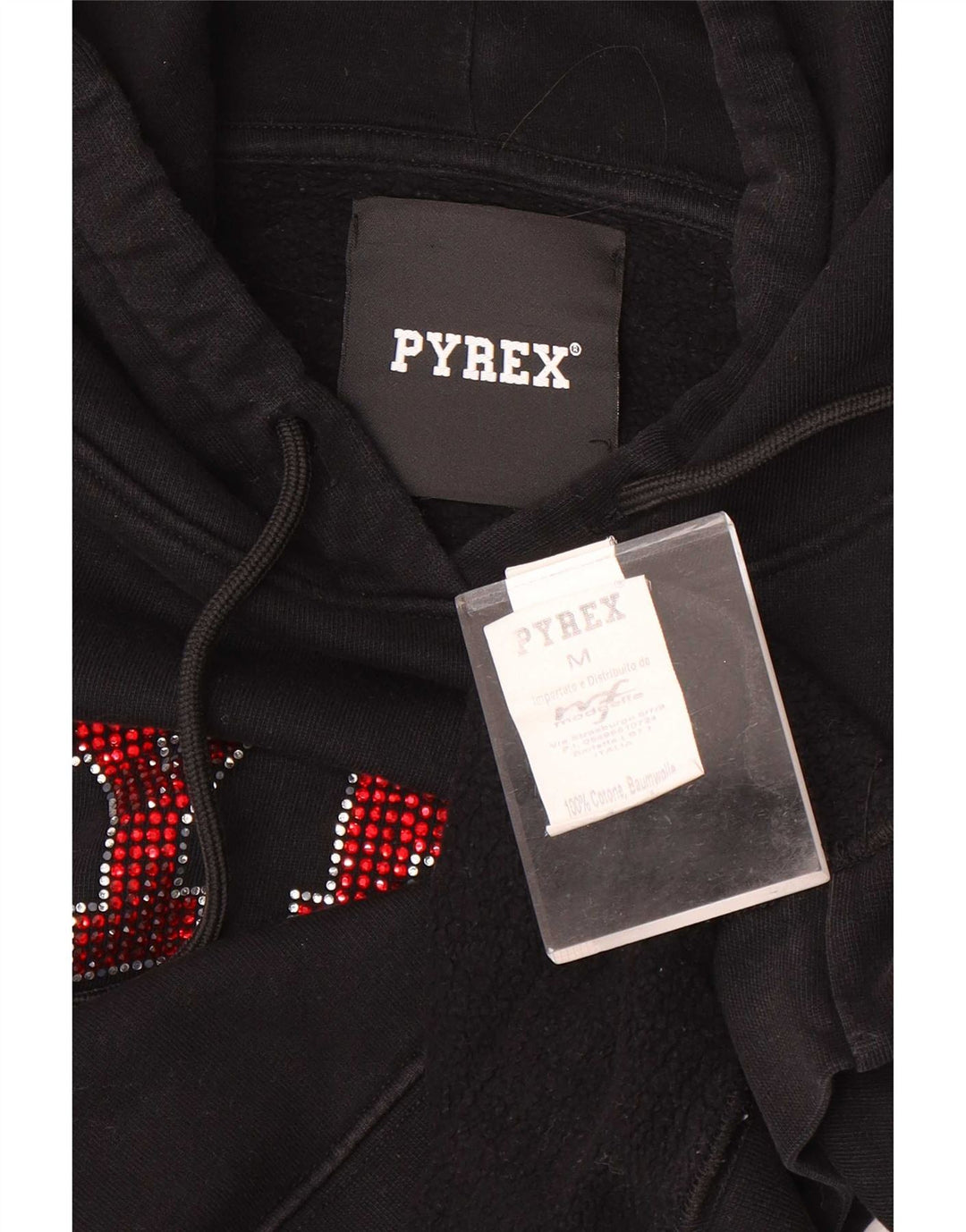 Pyrex Womens Crop Graphic Hoodie Jumper UK 14 Medium Black Cotton