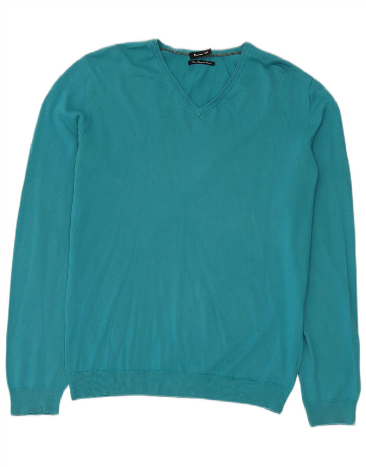 Massimo Dutti Womens V-Neck Jumper Sweater UK 14 Medium Blue Cotton