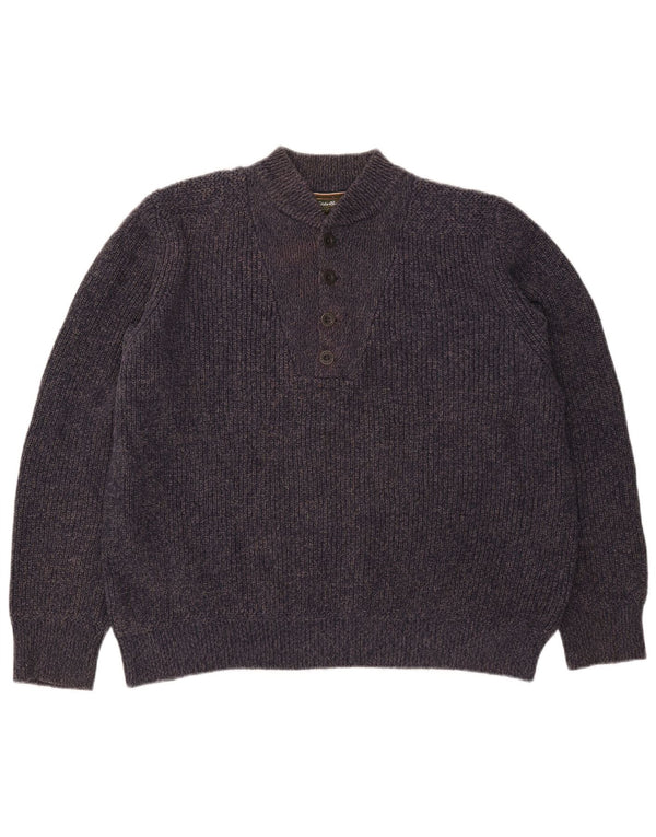 Eddie Bauer Mens Button Neck Jumper Sweater Large Navy Blue Flecked Cotton