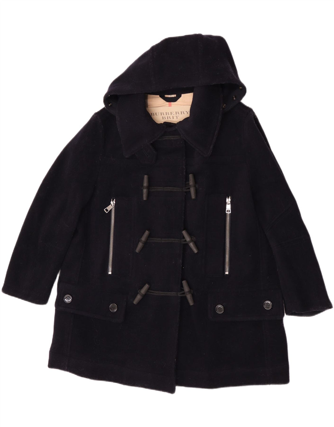 Burberry Womens Oversized Hooded Duffle Coat UK 6 XS Navy Blue Wool Classic