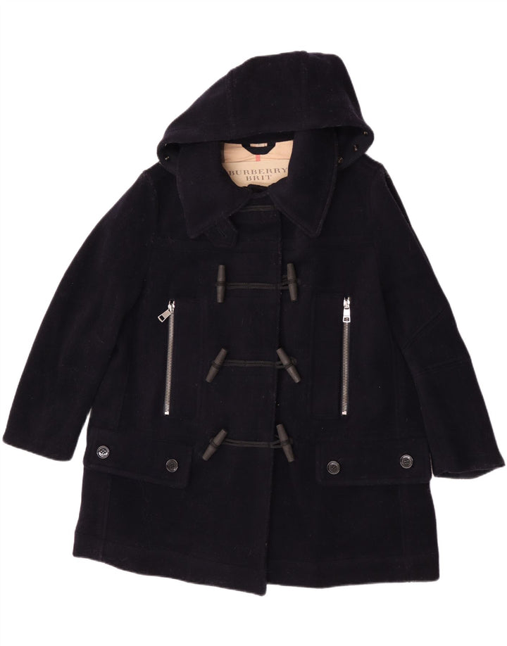 Burberry Womens Oversized Hooded Duffle Coat UK 6 XS Navy Blue Wool Classic