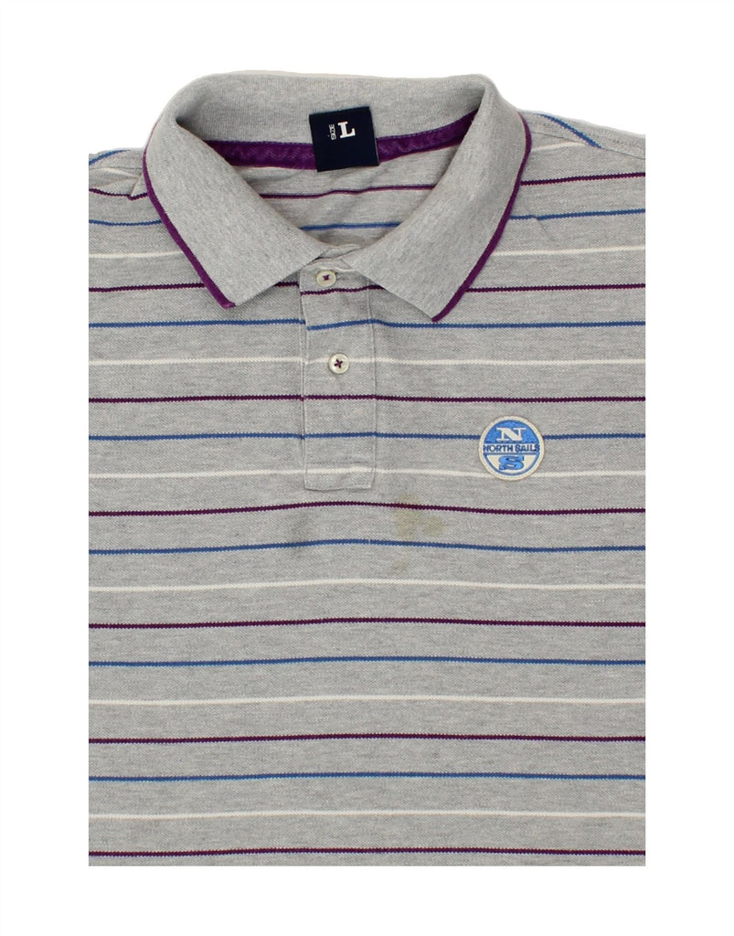 NORTH SAILS Mens Polo Shirt Large Grey Striped Cotton Vintage North Sails and Second-Hand North Sails from Messina Hembry 