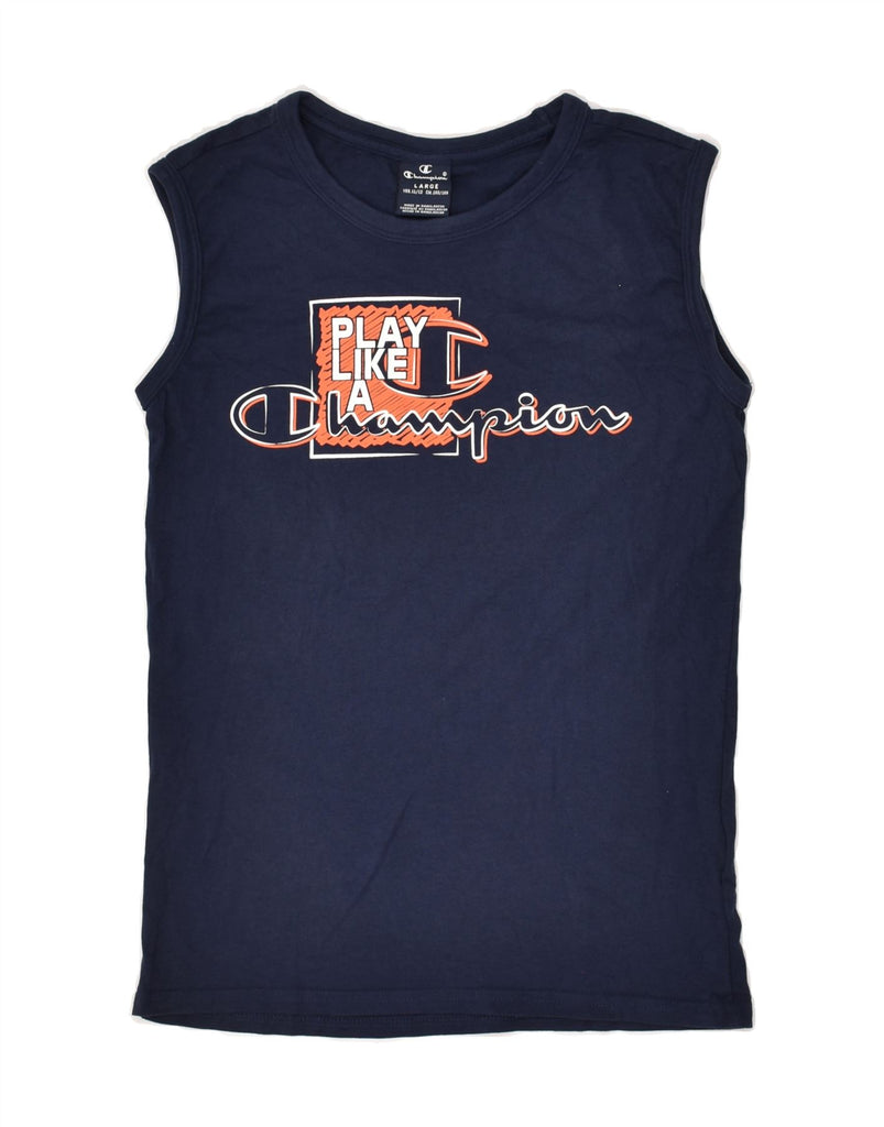 CHAMPION Boys Graphic Vest Top 11-12 Years Large Navy Blue Cotton | Vintage Champion | Thrift | Second-Hand Champion | Used Clothing | Messina Hembry 