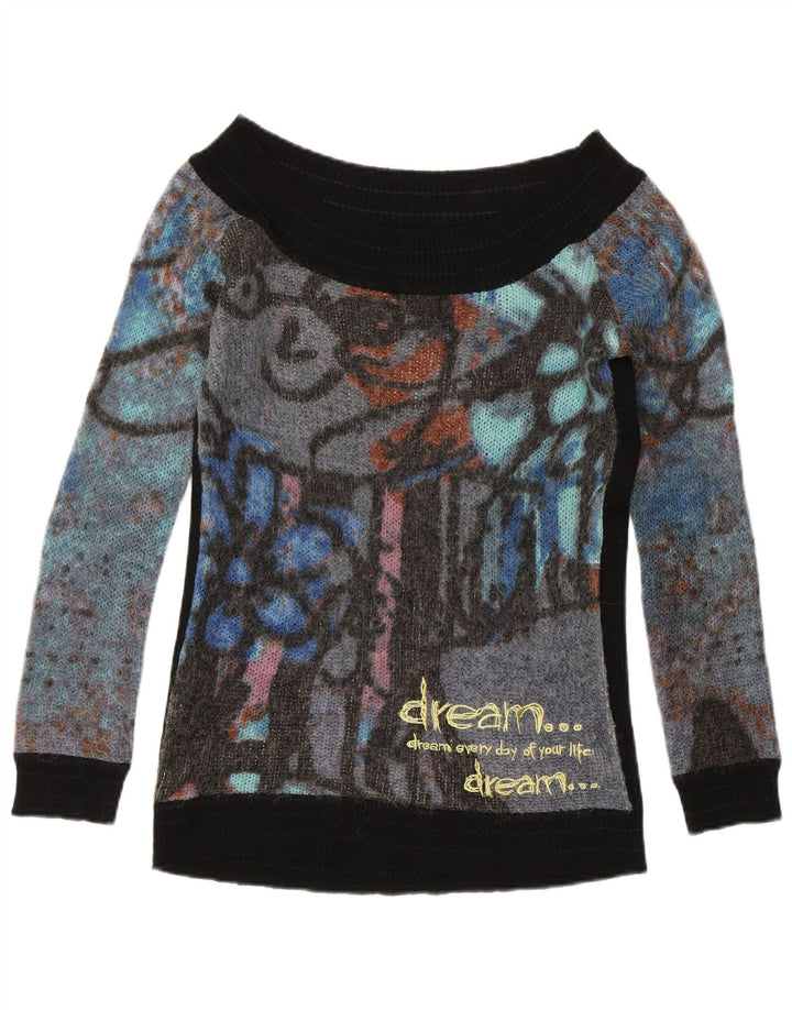 DESIGUAL Womens Boat Neck Jumper Sweater UK 12 Medium Black Colourful