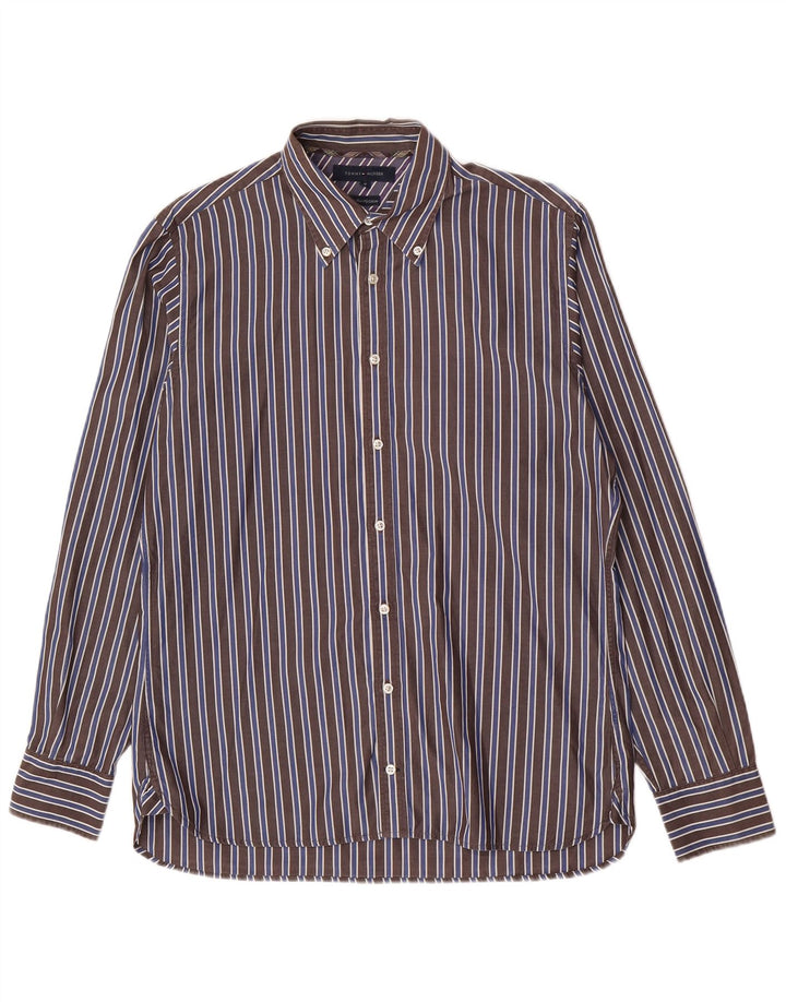 Tommy Hilfiger Mens Shirt Medium Brown Striped Cotton