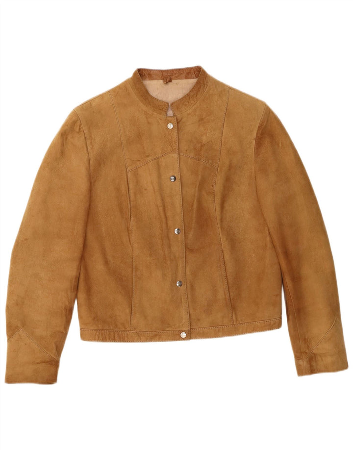 Vintage Womens Crop Suede Bomber Jacket UK 12 Medium Beige Leather