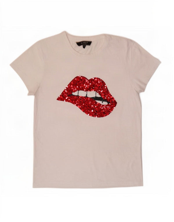 Lipsy Womens Graphic T-Shirt Top UK 14 Medium White Cotton