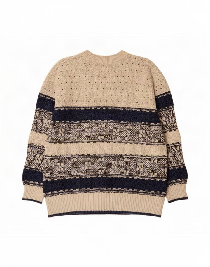 Vintage Mens Crew Neck Jumper Sweater Large Beige Geometric