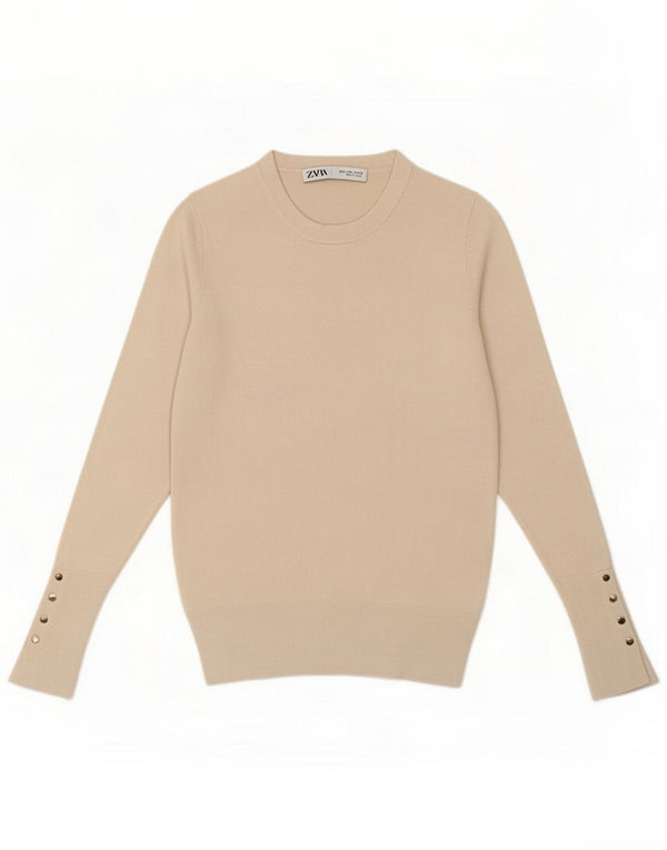 Zara Womens Crew Neck Jumper Sweater UK 10 Small Beige Viscose