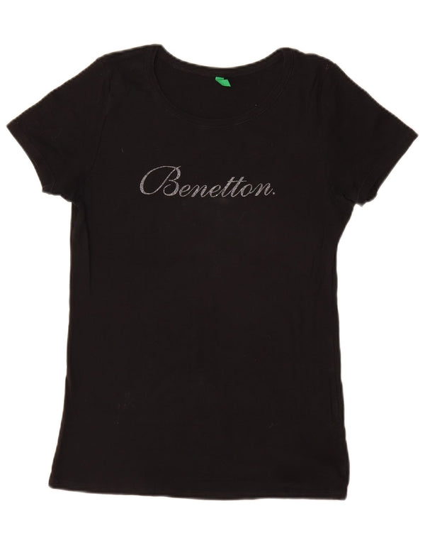 BENETTON Womens Graphic T-Shirt Top UK 16 Small Black