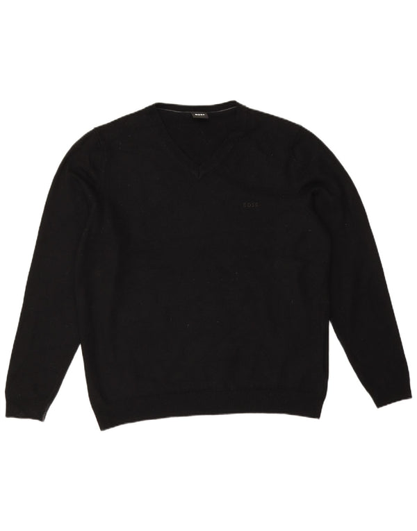 Hugo Boss Boys V-Neck Jumper Sweater 15-16 Years XL Black Virgin Wool