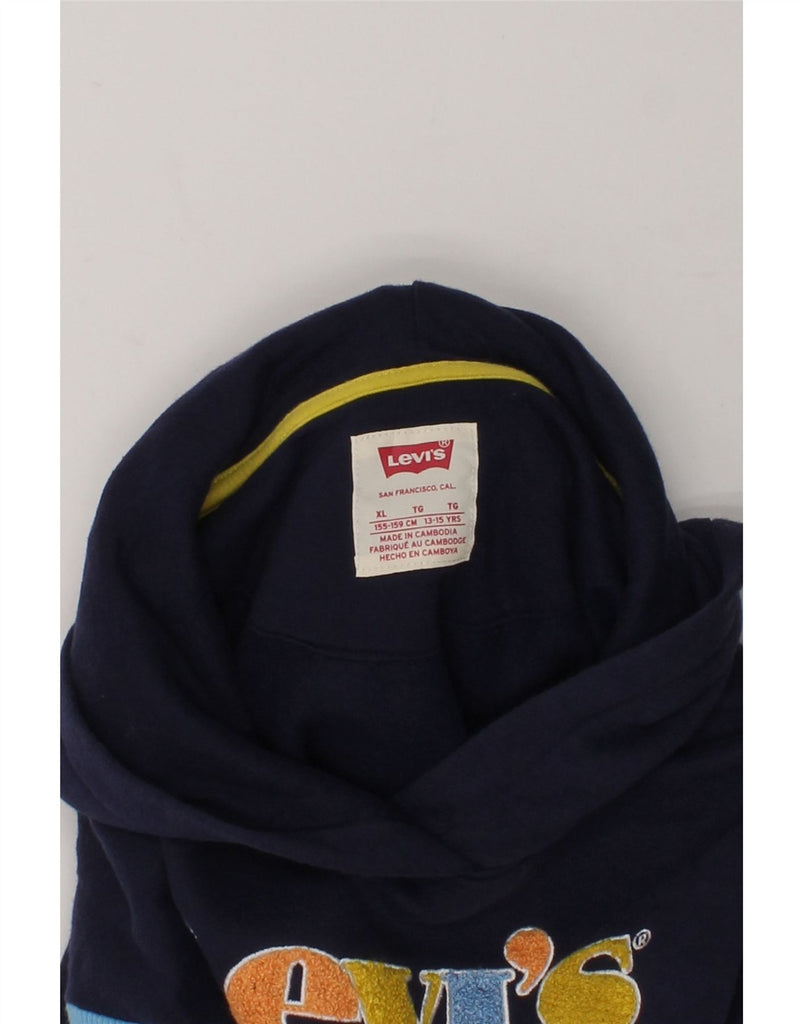 LEVI'S Boys Graphic Hoodie Jumper 13-14 Years XL Navy Blue Colourblock | Vintage Levi's | Thrift | Second-Hand Levi's | Used Clothing | Messina Hembry 