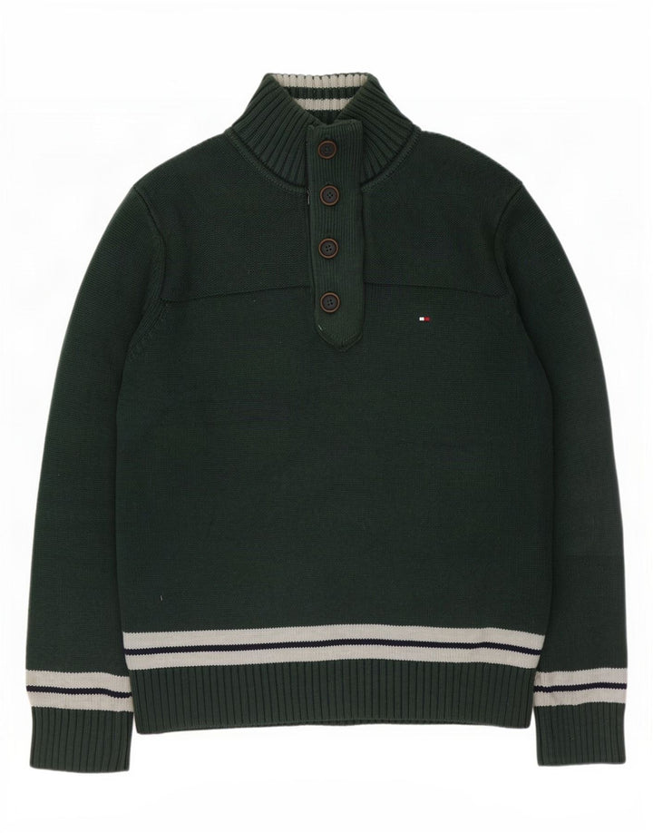 Tommy Hilfiger Mens Button Neck Jumper Sweater Large Green Colourblock