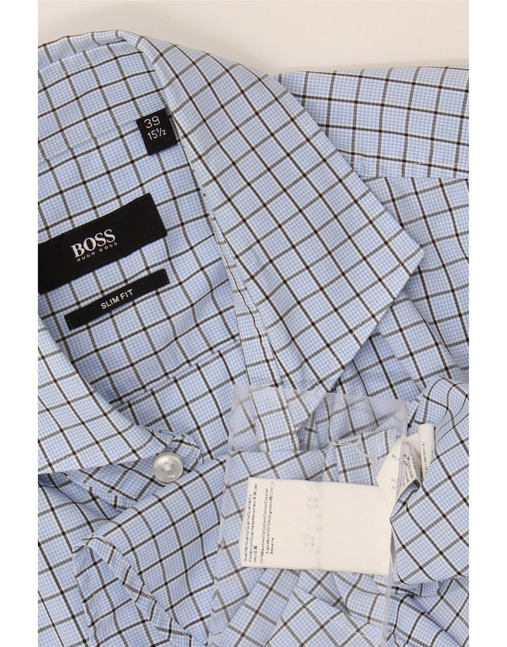 HUGO BOSS Mens Slim Fit Shirt Size 39 15 1/2 Medium Blue Check Cotton