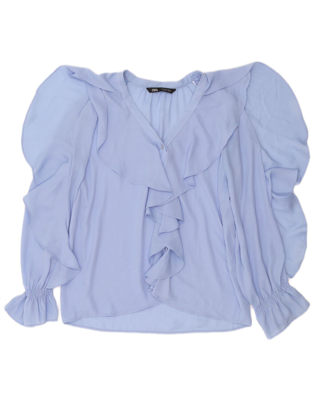 ZARA Womens Ruffle Front Shirt Blouse UK 14 Medium Blue