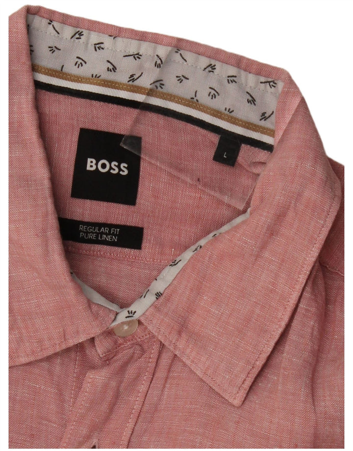 HUGO BOSS Mens Regular Fit Shirt Large Pink Flecked Linen