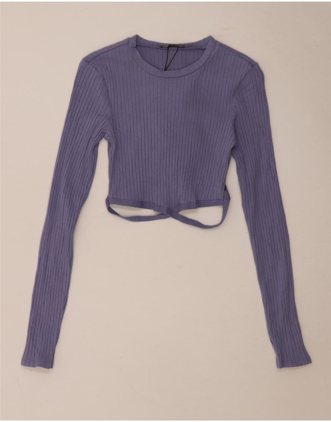 Zara Womens Crop Top Long Sleeve UK 10 Small Blue Cotton