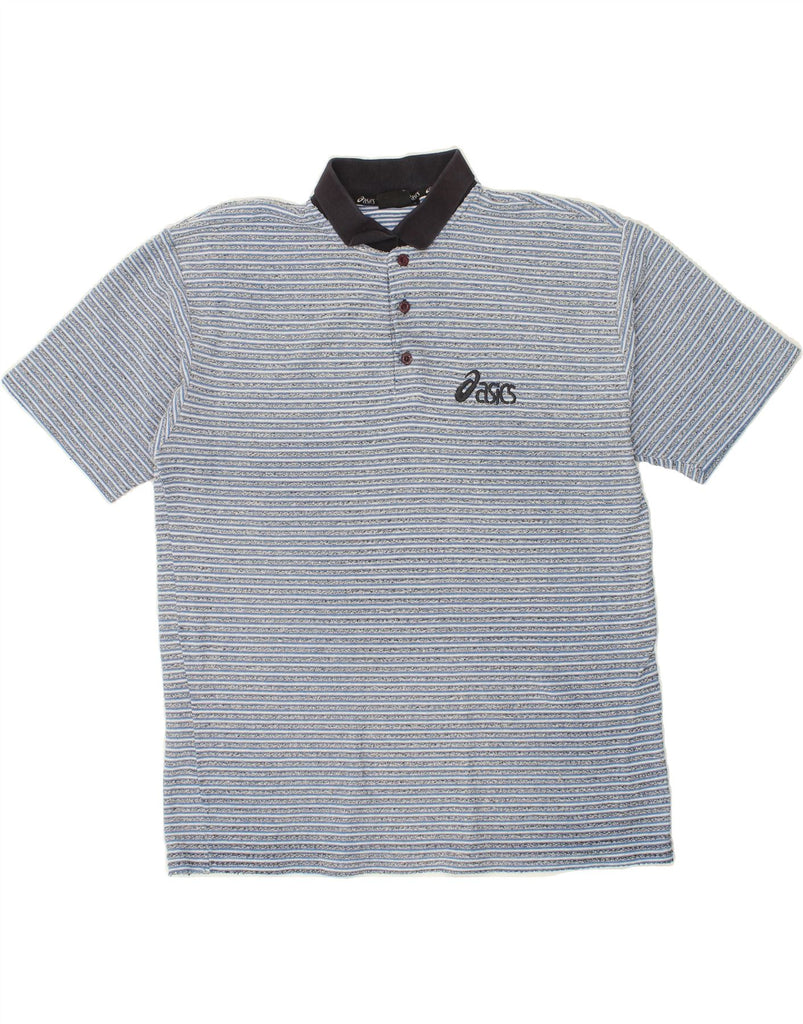 ASICS Mens Polo Shirt Large Blue Striped Vintage Asics and Second-Hand Asics from Messina Hembry 