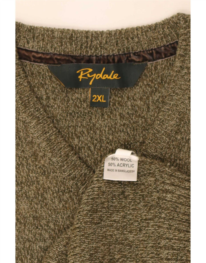 Rydale Mens V-Neck Jumper Sweater 2XL Khaki Flecked Wool