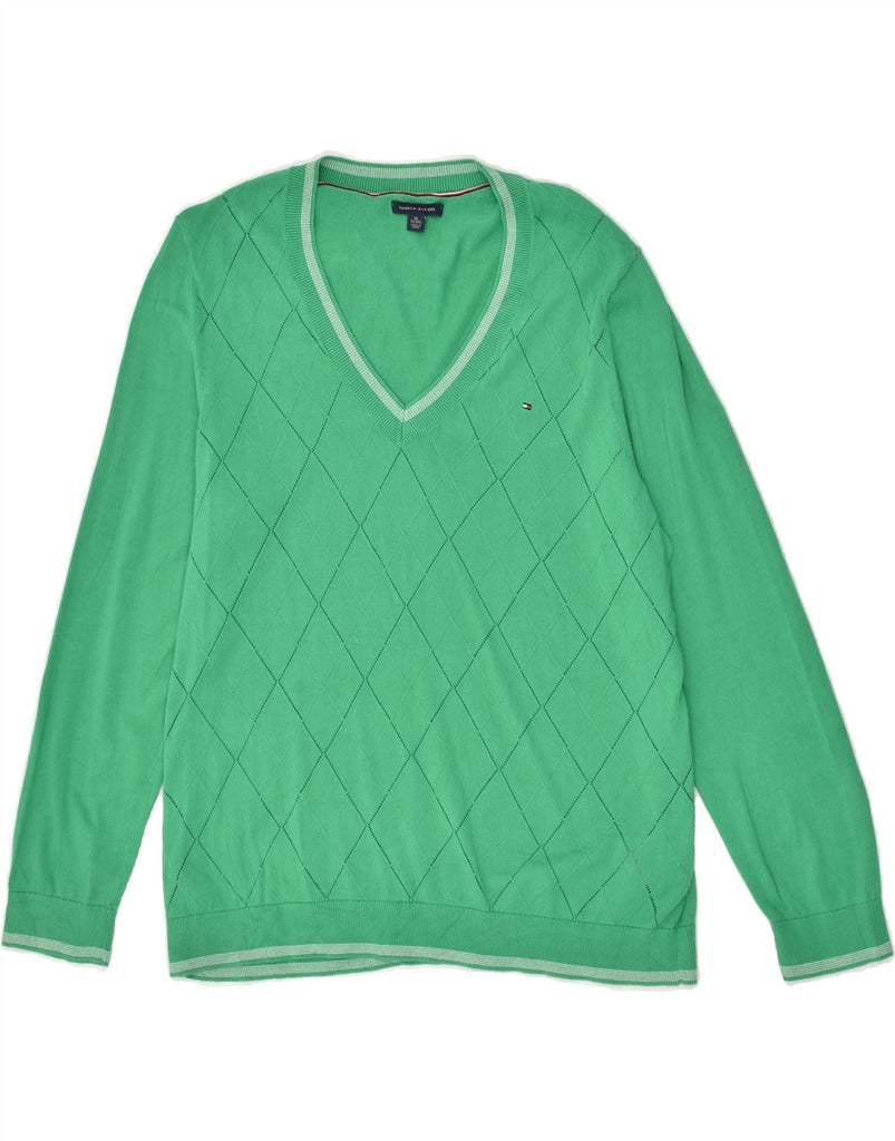 TOMMY HILFIGER Womens V-Neck Jumper Sweater UK 18 XL Green Argyle/Diamond | Vintage Tommy Hilfiger | Thrift | Second-Hand Tommy Hilfiger | Used Clothing | Messina Hembry 