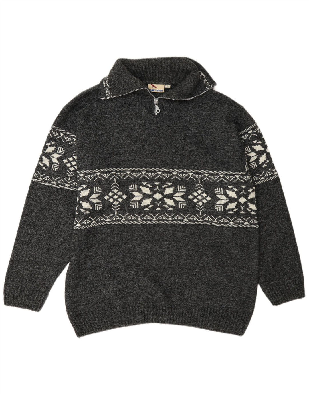 Randy River Mens Zip Neck Jumper Sweater Large Grey Fair Isle Polyacrylic