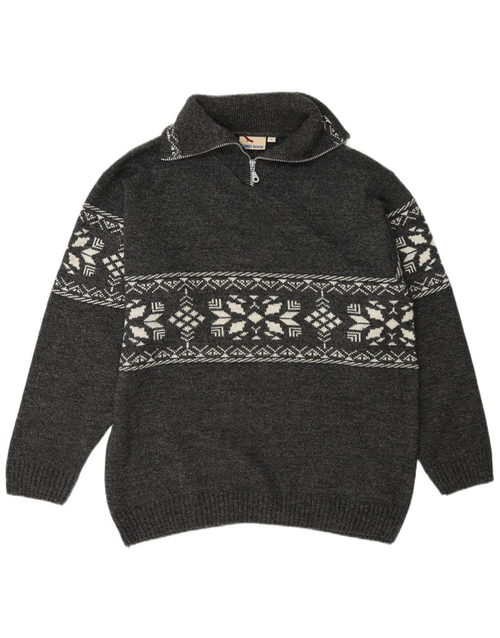 Randy River Mens Zip Neck Jumper Sweater Large Grey Fair Isle Polyacrylic