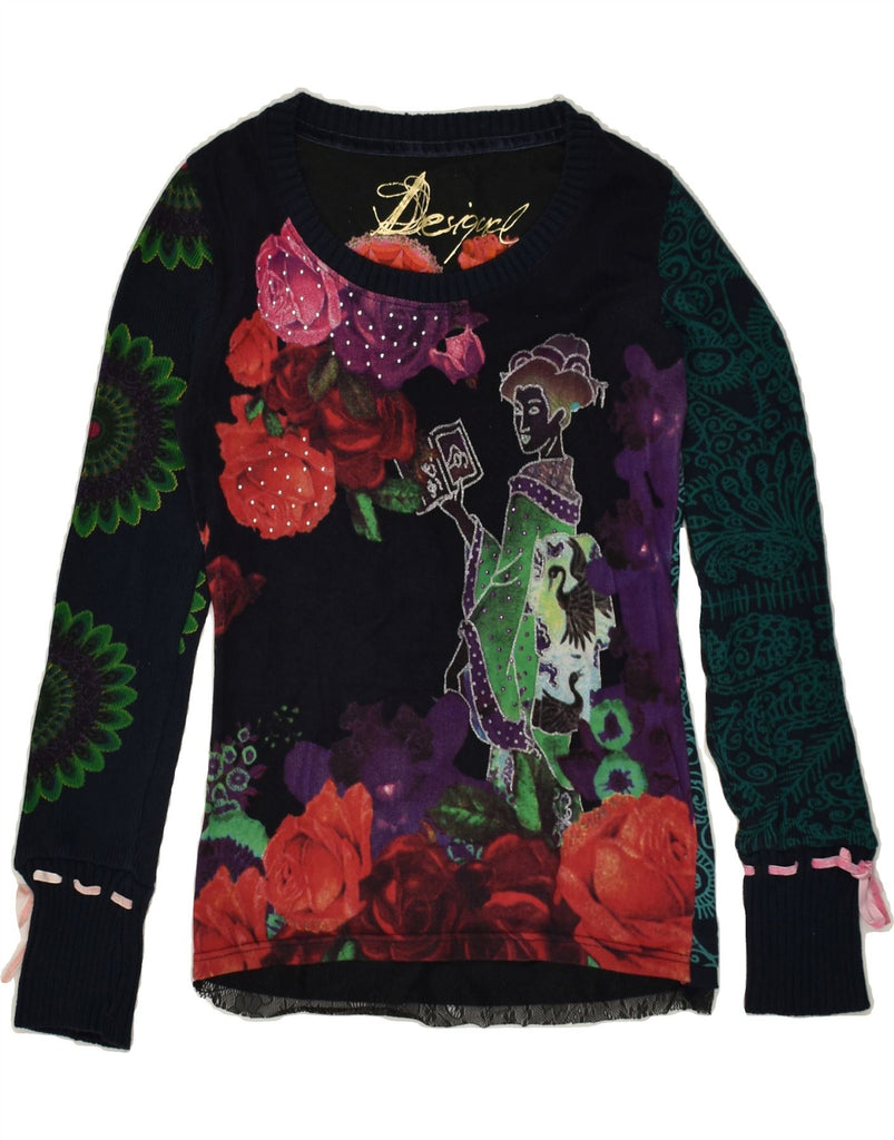 DESIGUAL Womens Graphic Boat Neck Jumper Sweater UK 6 XS Black Floral | Vintage Desigual | Thrift | Second-Hand Desigual | Used Clothing | Messina Hembry 