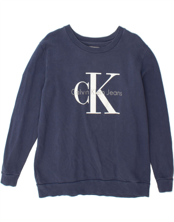 CALVIN KLEIN JEANS Womens Graphic Sweatshirt Jumper UK 14 Medium Navy Blue Vintage Calvin Klein Jeans and Second-Hand Calvin Klein Jeans from Messina Hembry 