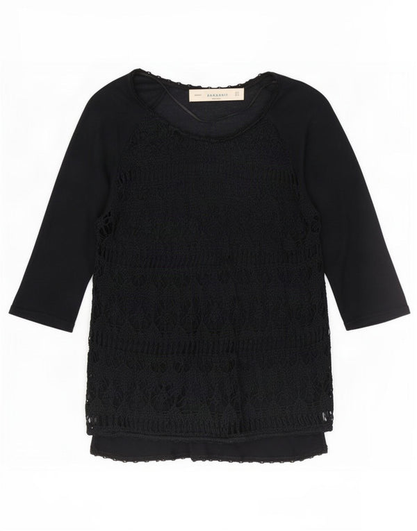 Zara Womens See Through Top 3/4 Sleeve UK 12 Medium Black