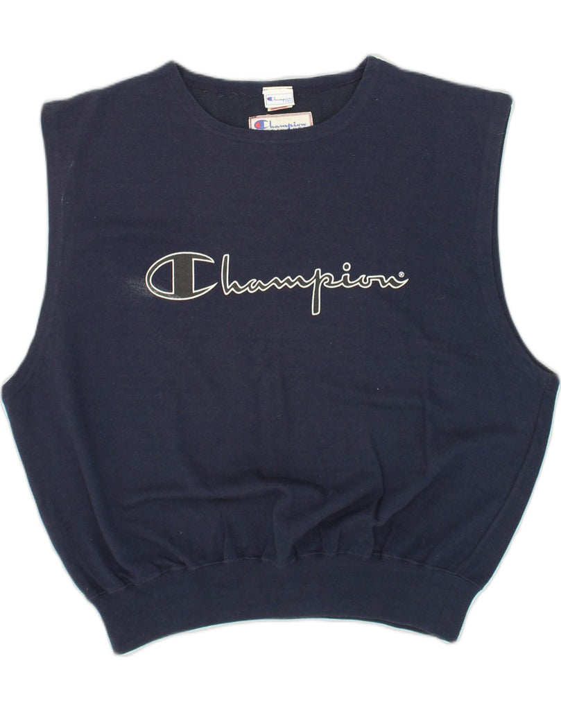 CHAMPION Mens Graphic Vest Top Large Navy Blue Cotton | Vintage Champion | Thrift | Second-Hand Champion | Used Clothing | Messina Hembry 